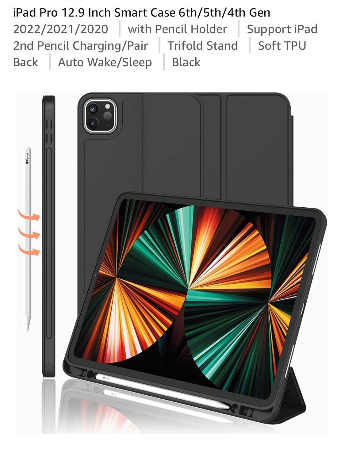 iPad Pro 12.9 Inch Smart Case 6th/5th/4th Gen 2022/2021/2020 with Pencil Holder Support iPad 2nd Pencil Charging/Pair Trifold Stand Soft TPU Back Auto