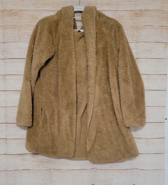 Timing Fleece Hooded Cardigan Brown Open Front Sweater Size Large
