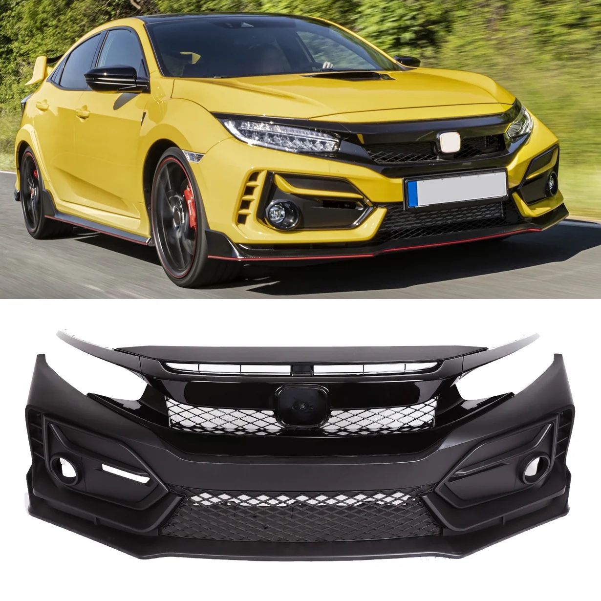 PENSUN Type R Style Front Bumper Cover Kit Fit for 2016-2021 Honda Civic Sedan Coupe 10th