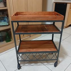 31.5'' Tall Industrial Style Rolling Kitchen Island Wine Cart ~ Wood Mobile Metal Wine Bar Cart~ Black & Brown