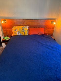 Reclaimed wood queen bed with built in night stands and lights