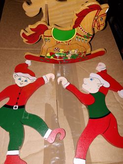 Wooden Christmas Elf and Rocking Horse Decorations