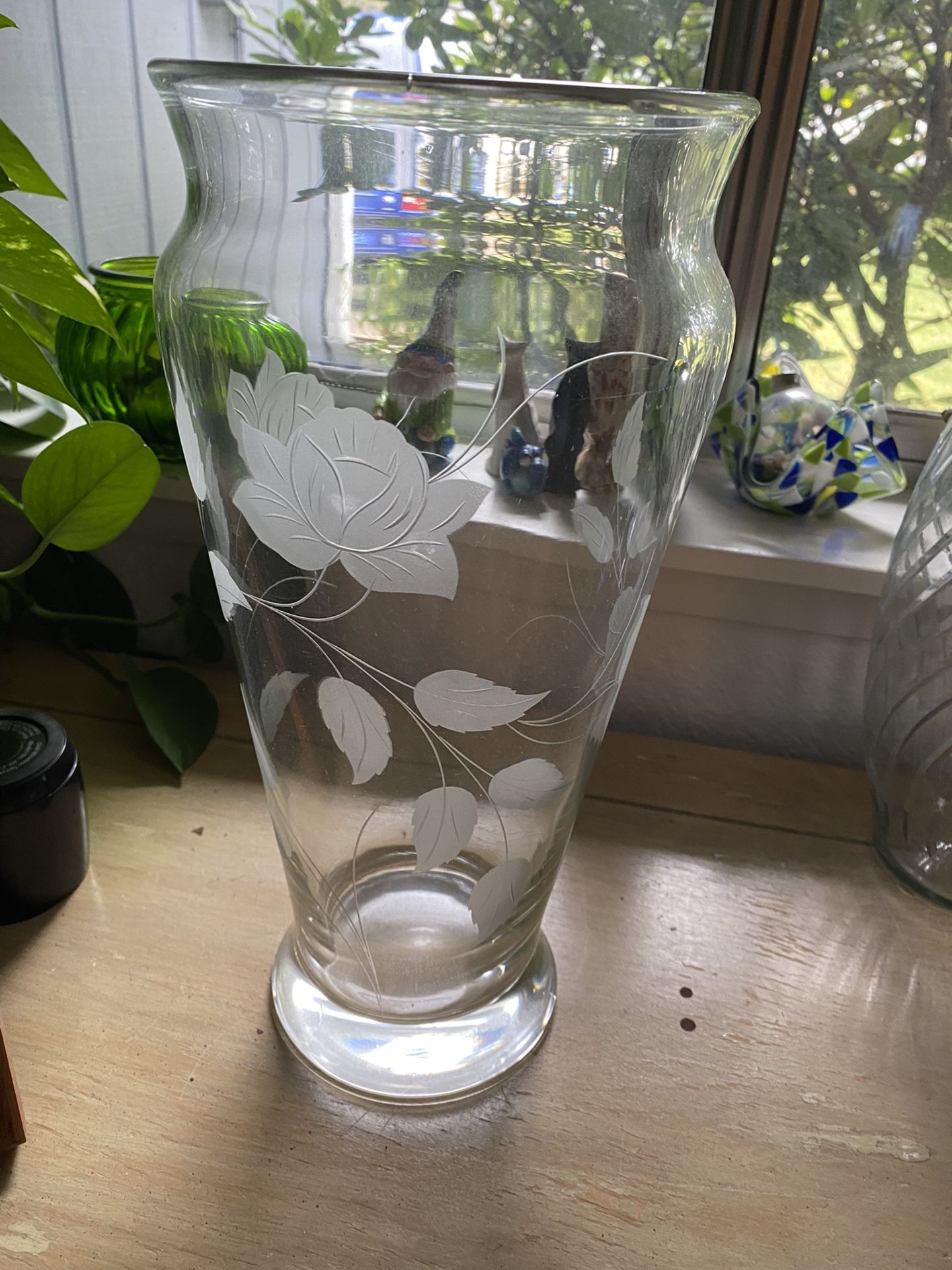 Large/tall Etched Glass Vase.  14 Inches Tall