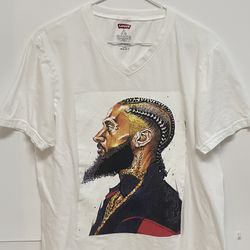 Custom Nipsey Hussle Art On White Levi’s V-Neck Shirt 