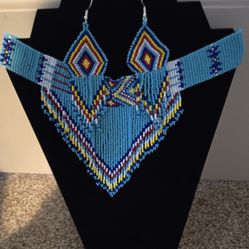 Cyan Blue Beaded Chocker Necklace And Earrings Set