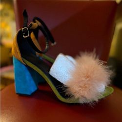 YAZ Multi Colorblock Microfiber Furry Ankle Strap Platform Heels Sandals Sz 11