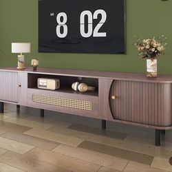 Mid Century Modern walnut color stained TV table 71"  with Sliding Door, Rounded Edge Design, 4 Storage Spaces for Living Room, Bedroom and more