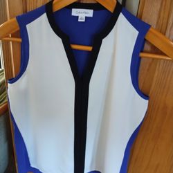 New "Calvin Klein" Royal Blue Cream/Beige With Black Trim Top /Tunic/Sleeveless Blouse Size Small 