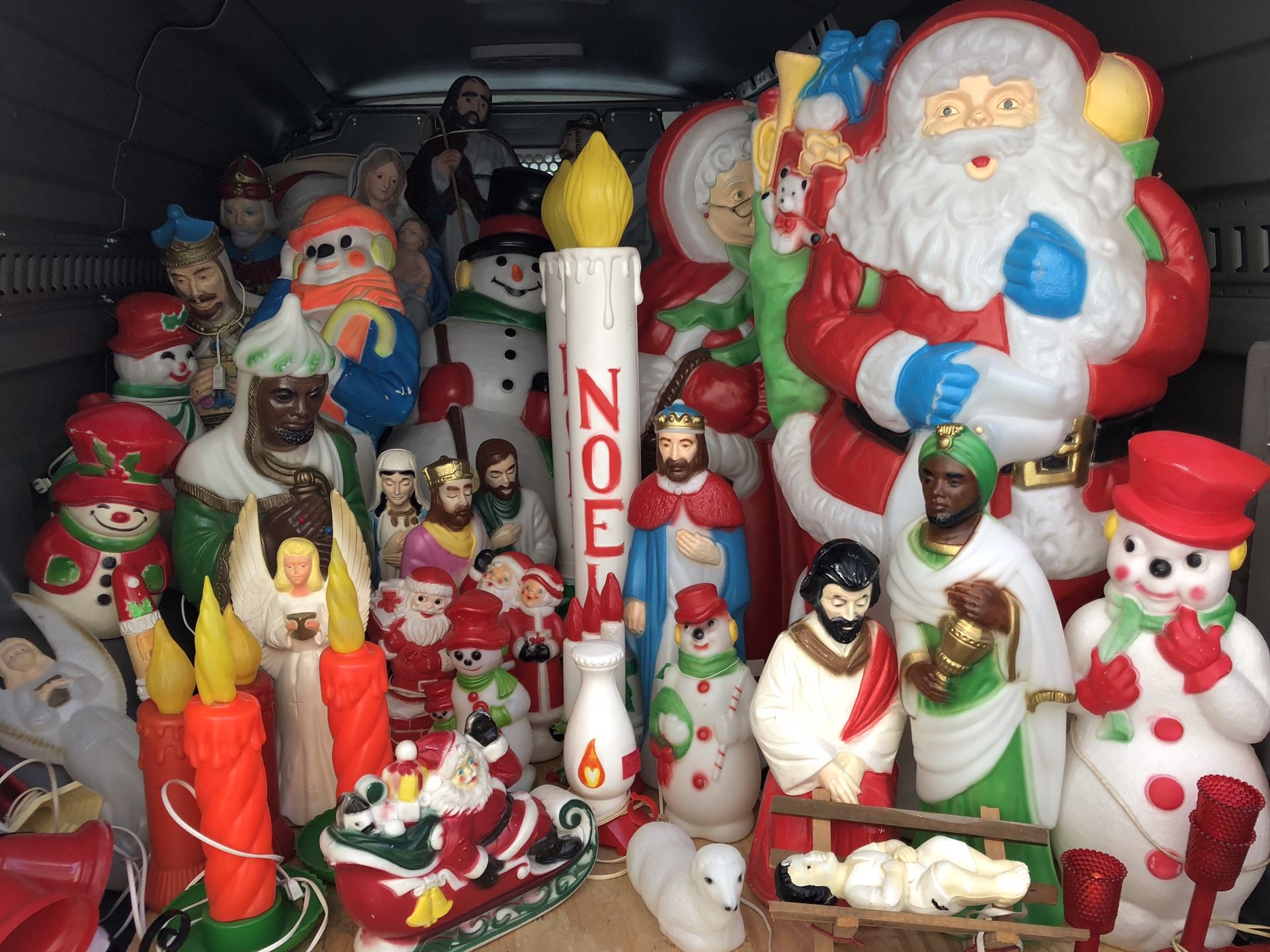 Christmas blow molds sale Fri 5-8pm, Sat & Sun