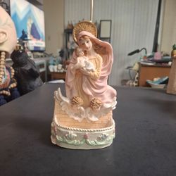 Vintage Mid Century Molded Devotional Holy Water Font Depicting The Virgin Mary & Jesus 7"Hx4"W Excellent Condition