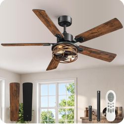 52 Inch Farmhouse Ceiling Fan with Lights and Remote, Timer, Dual Finish 5 Blades (Walnut and Black), 6 Speeds, Reversible DC Motor, Rustic Walnut Cag