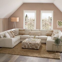 Brand New Ivory Tan Chenille U-Shaped Large Sectional Sofa With Ottoman 