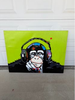 Large Signed Monkey W/Headphone street Pop Art Hand Painted Canvas 36x48