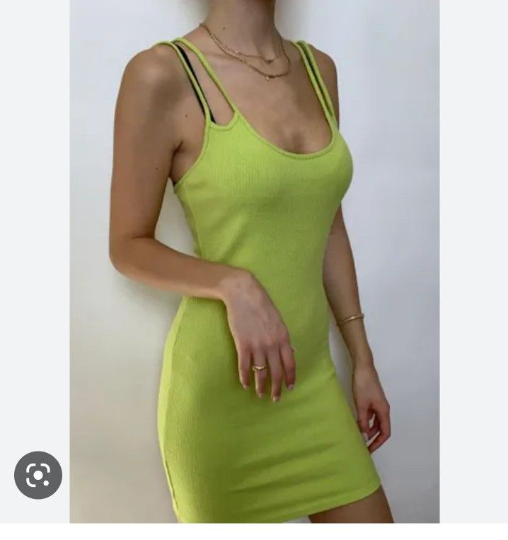 ZARA Ribbed Mini Bodycon Dress Size Large Lime Green