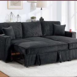 Sectional Sofa Pullout Bed W/Chaise Storage  Fabric Reversible  88”x57”X33”H
