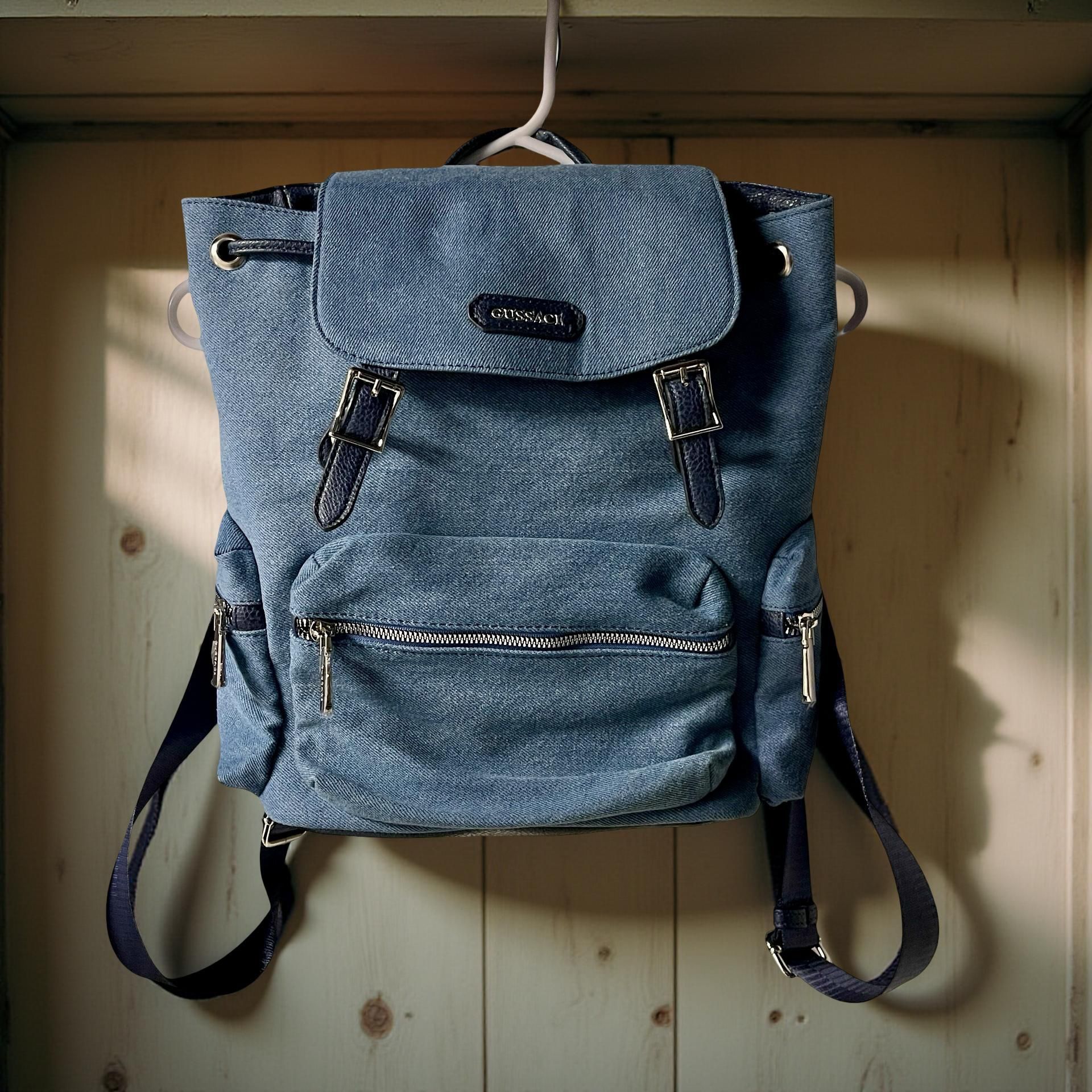GUSSACI Blue Denim Style Backpack 12”x14” Faux Leather Trim New No Tags