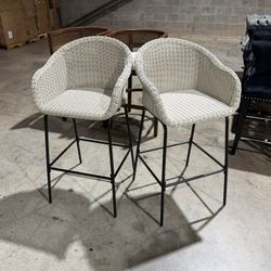 Set of 2, Outdoor Wicker Bar Stools, Woven Rattan with Iron Frame, Light Grey