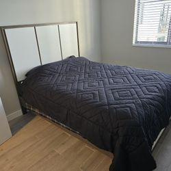 Queen Bed Frame with White Headboard + Mattress – Excellent Condition