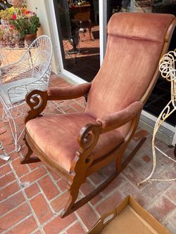 Listing title: Vintage Upholstered Rocking Chair — Wood Frame & Pink Velvet Cushion
