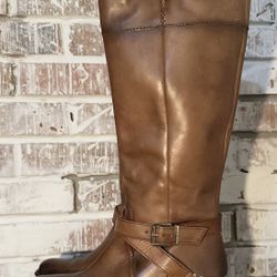 Arturo Chiang Riding Boots Brown Leather Size 8M Women’s AT-FRAyDA2 Zip Side