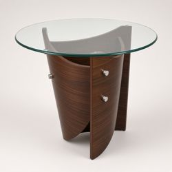 Sculptural Glass Top Side Table – Dark Wood Curved Base – 24” Round – Liberty Lake