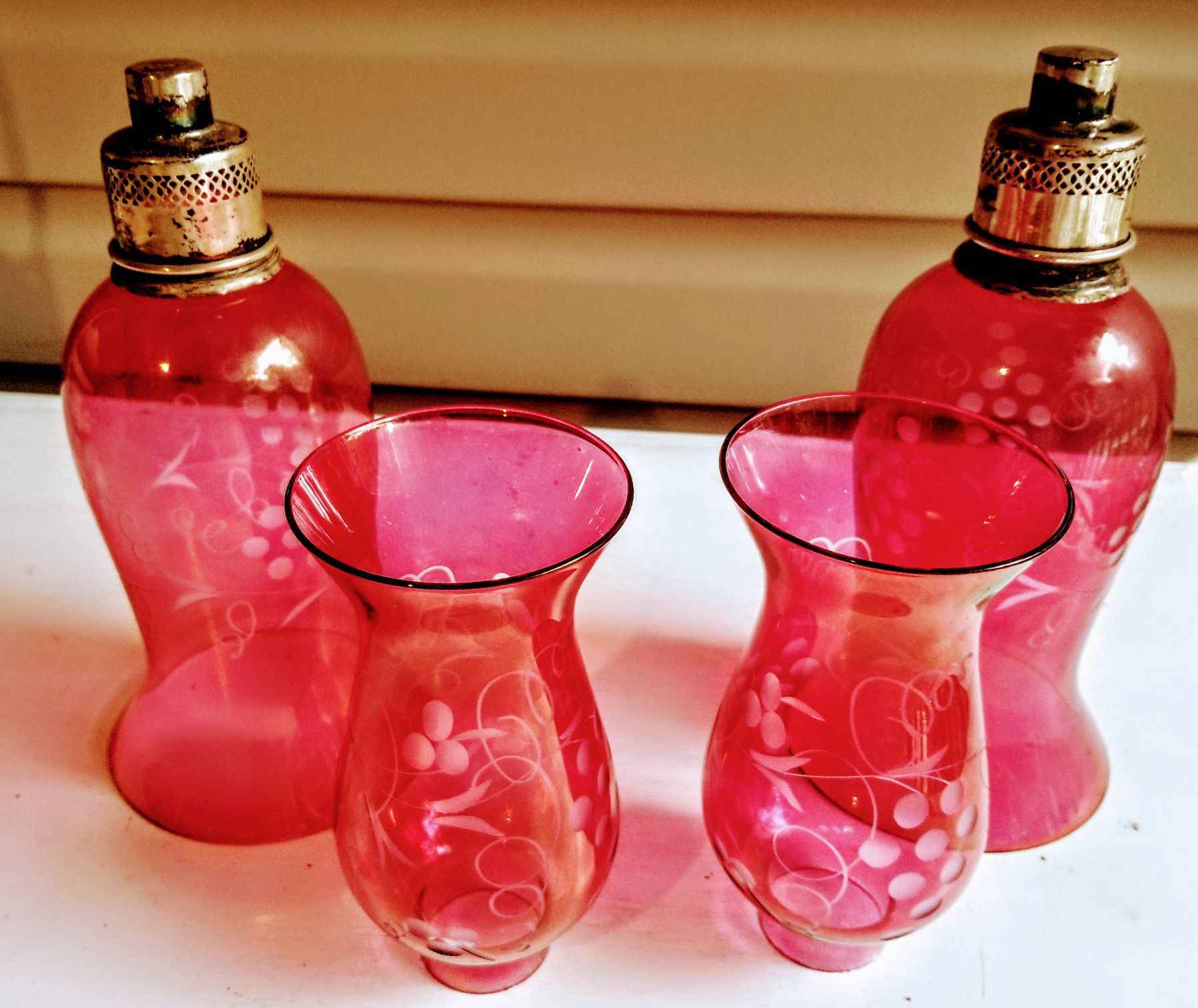 Antique Set of 4 Cranberry Cut To Clear Globes