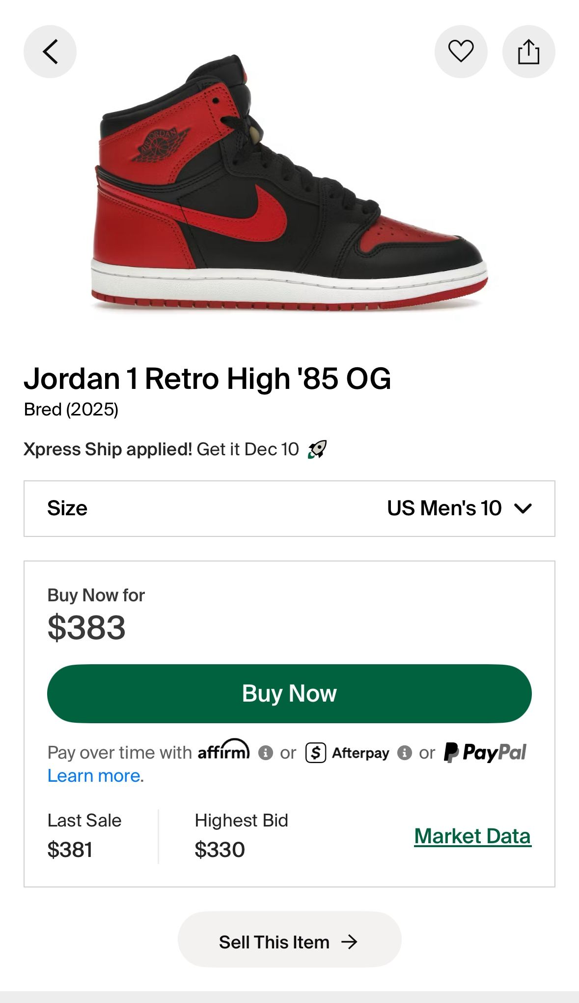 Air Jordan 1 HIGH '85 OG “Bred” Size 10