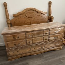 Gorgeous Solid Oak Queen Bed, Dresser w/Mirror, and 1 Nightstand For Sale