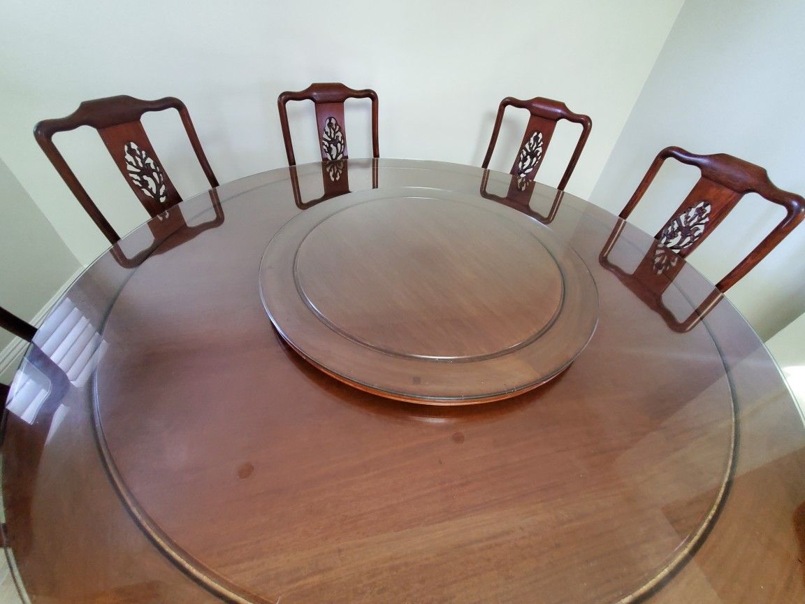 Dark Cherry Rosewood Flower and Bird Round Oriental Dining Set with 8 Chairs