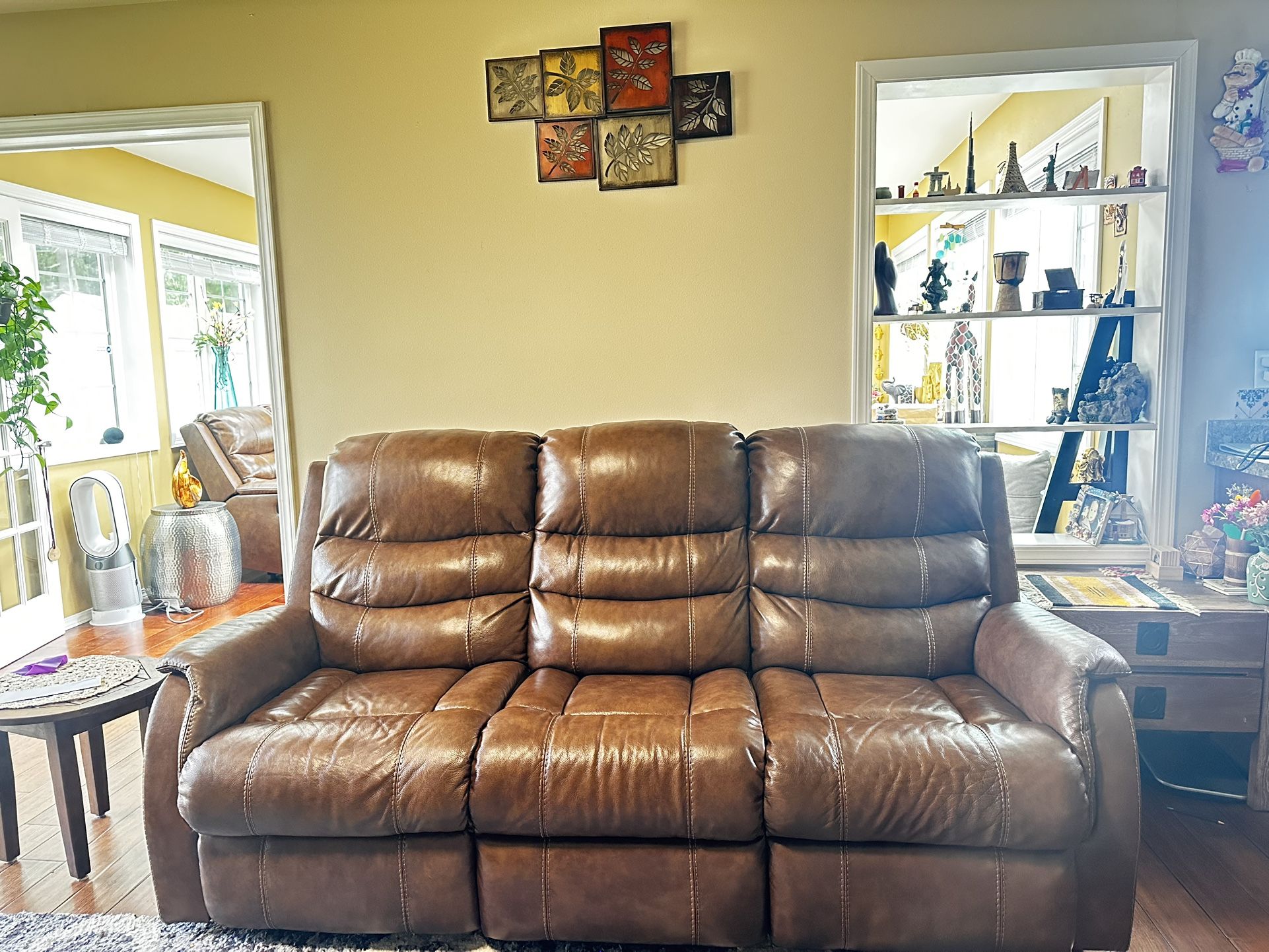 Brown Leather Powered recliner sofa and loveseat with powered adjustable