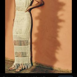 Anthropologie Callahan Fringed Crochet Fringe Maxi Dress Boho Cream M Exclnt Coachella