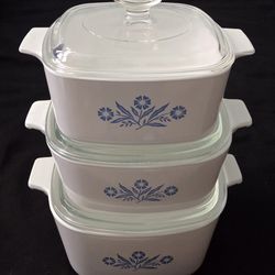 3 Vtg Corning Ware Blue Cornflower Casserole Dishes 1.5 Qt(2) & 1.75 Qt W/ Lids