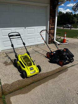 Ryobi 40v Brushless 20” battery powered push mower and Pulsar 21” gas powered push mower