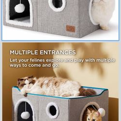 🔥Brand new🔥 Large Cat Beds for Indoor Cats - Extra Wide Cat Cube House for Small Pet with Fluffy Ball Hanging and Scratch Pad, Foldable Pet Cave Hid