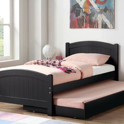 Twin/Twin Black Wooden Trundle Bed W. Orthopedic Mattresses