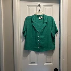 Women’s JOIE 100% Linen Kelly Green Button  Front Short Sleeve Top Shirt… Size Large