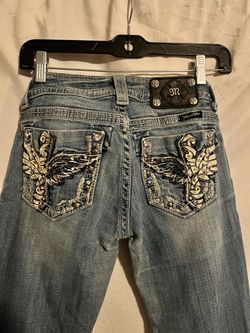 Miss Me Bootcut Jeans — Light Wash, Embroidered Wing Pockets with Rhinestones