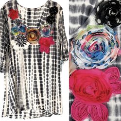Black and white tie-dye swing top tunic ribbon flower accents, 3/4 sleeves, Lg