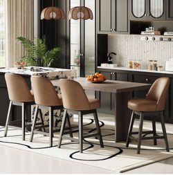 New Swivel PU Leather Bar Stools Set of 2 with Backs, 38.19 Counter Height Bar Chairs, Modern Bar Height Stools for Kitchen Island， Mid Century Barsto