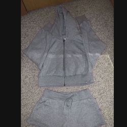 WOMENS WORKOUT OUTFIT HOODIE CROPPED LARGE & SHORTS MEDIUM GREY