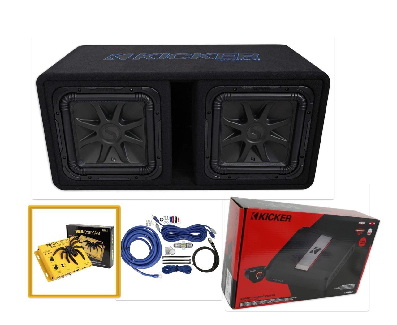 NEW 2 12” Kicker L7s Subwoofers Ported Box Kicker Amp Epicenter Wires Installed
