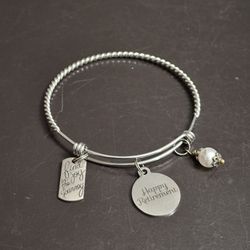 Expandable Charm Wire Stainless Rope Design Bangle Bracelet For A Retiree, Charms Happy Retirement, Find Joy In The Journey & Faux Pearl Bead