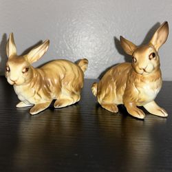 Set Of 2 Vintage Easter Bunny Rabbit Ucagco Figures Japan Ceramic Brown 1950’s