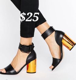 Black Block Heel Sandals with Gold Heel
