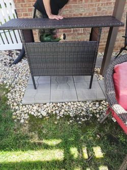 All-Weather Wicker Outdoor Patio Dry Bar Table with Storage Shelves