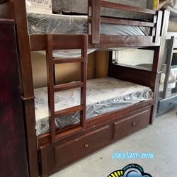Triple Twin Brown Bunk Bed With Mattresses Included New