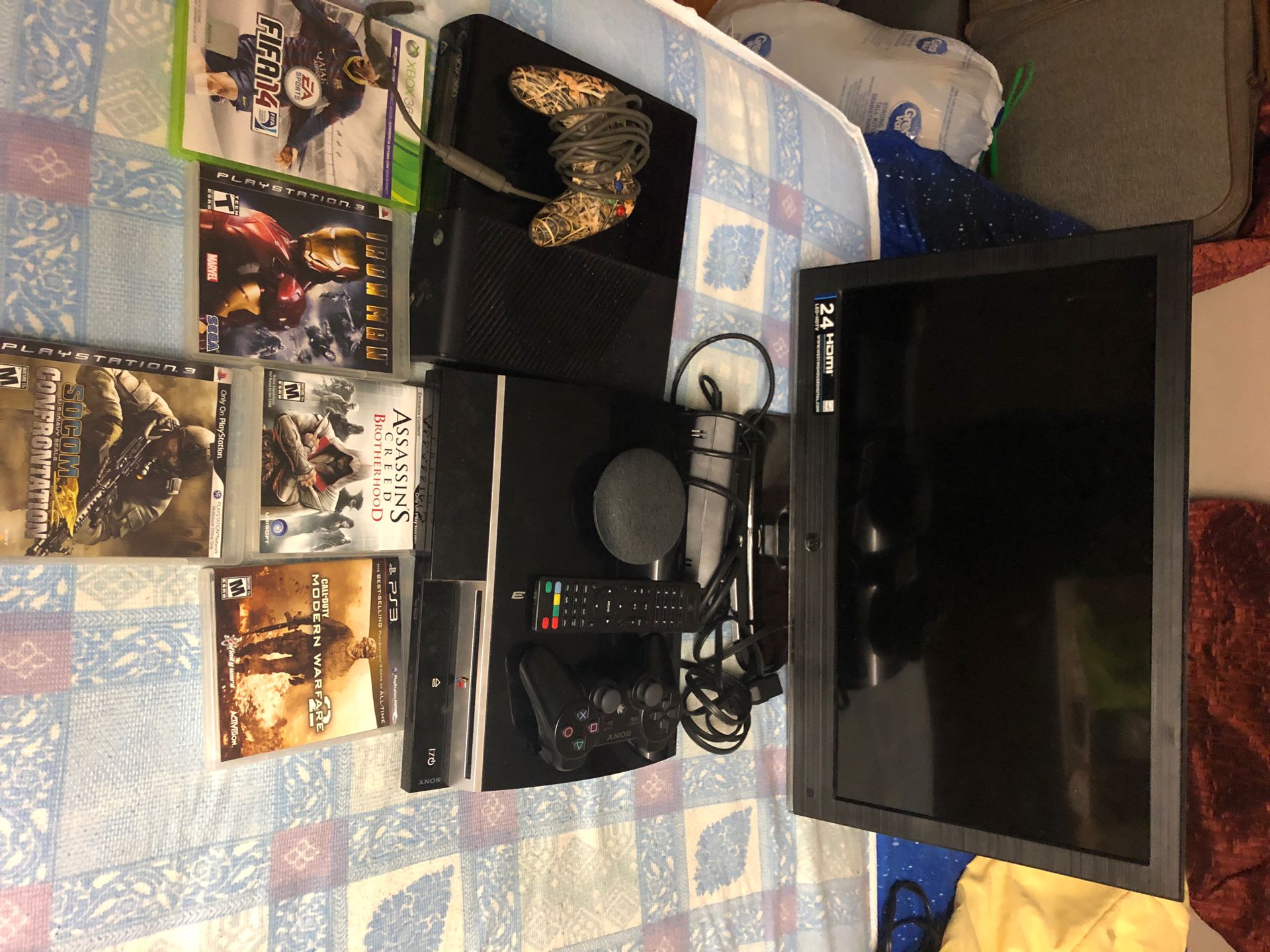 Ps3 Power cable controller and Iron Man call of duty and more games game Xbox 360 E comes with power cord wired controller and FIFA 14 and comes with