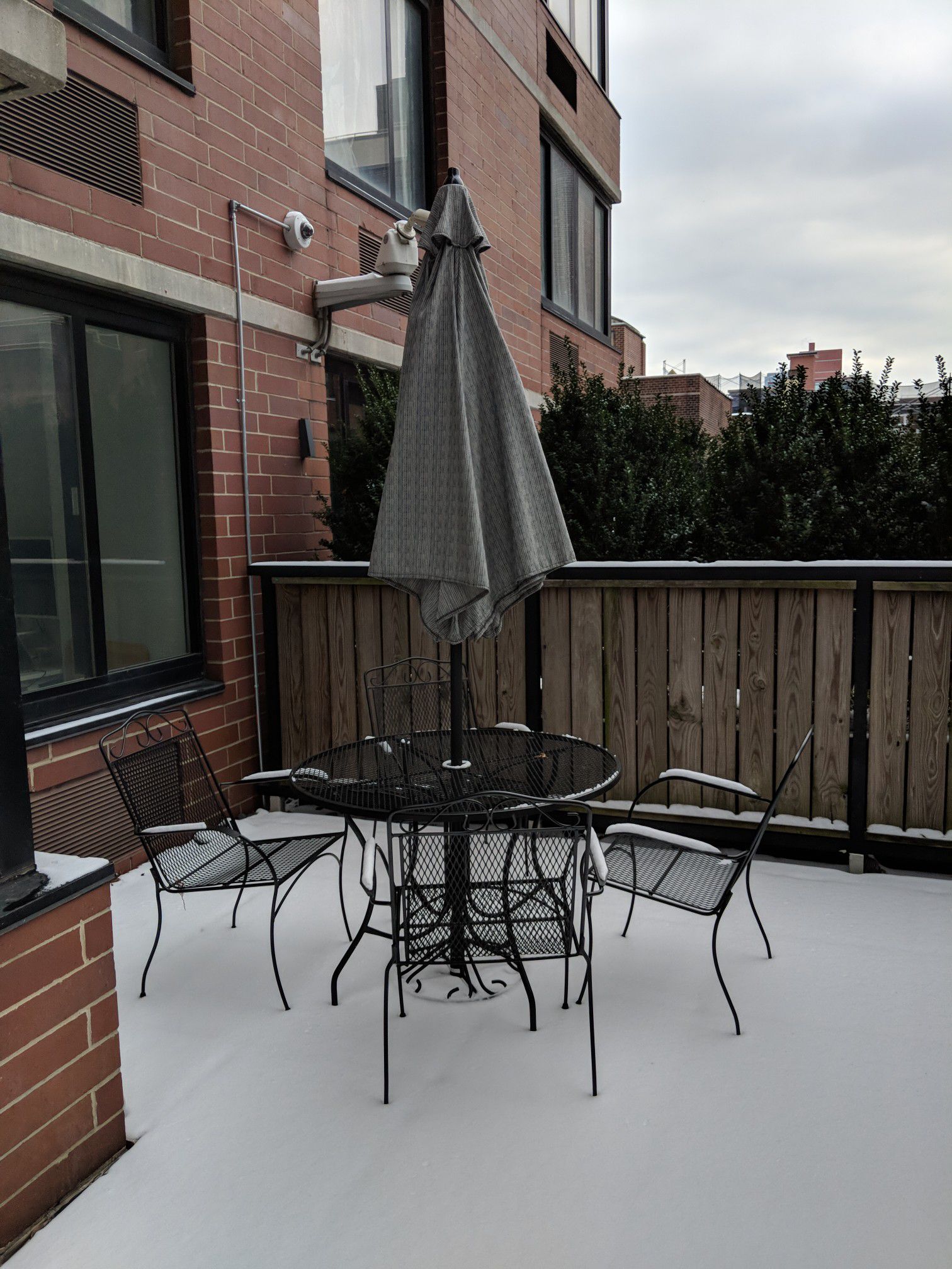 Home Depot Patio all metal table, chairs (4), umbrella (Nantucket set from Home Depot)