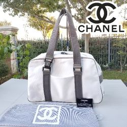 Chanel Rare Sports Line White Canvas Vintage Boston 40 duffle Carryall Tote bag