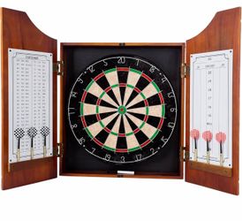 Brand New Trademark Poker Dart Board Cabinet Set with 6 Metal Tip Darts